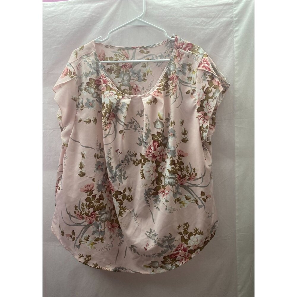 Shein Curve Women's 3XL Blush Pink Floral Cap Sleeve Pleated Pullover Blouse